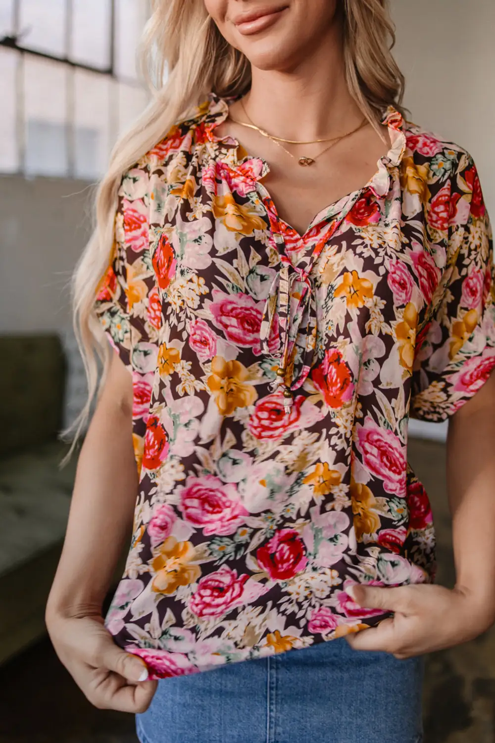 Floral Crew Neck Short Sleeve Blouse