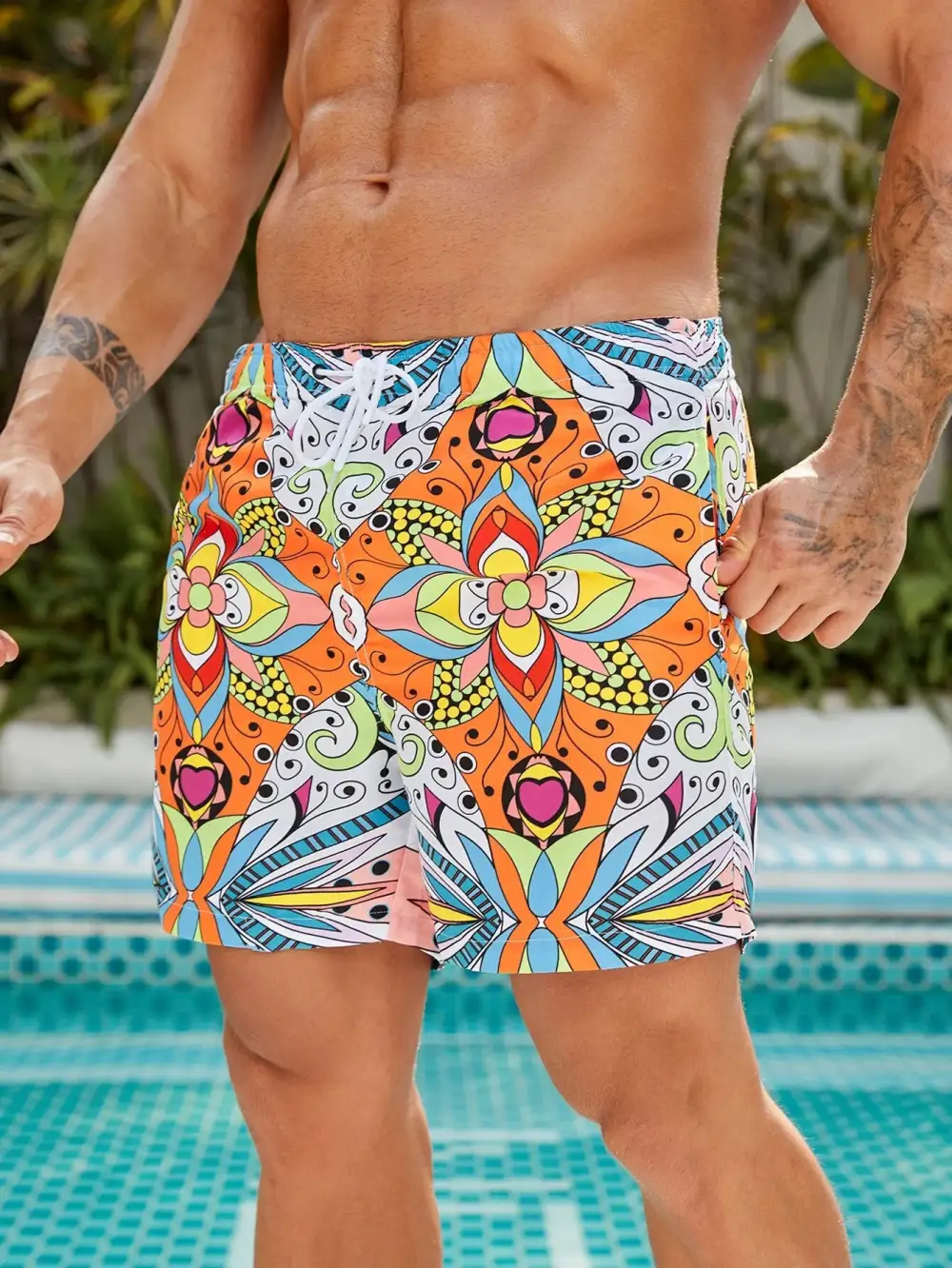 Men's Stylish Floral Print Drawstring Swim Trunks