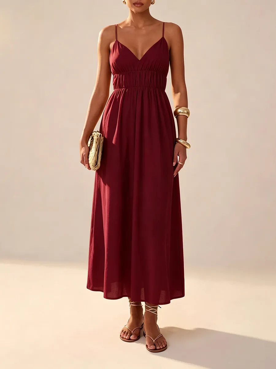 Women's Deep V-Neck Sleeveless Spaghetti Strap Ruched Flowy Maxi Sundress