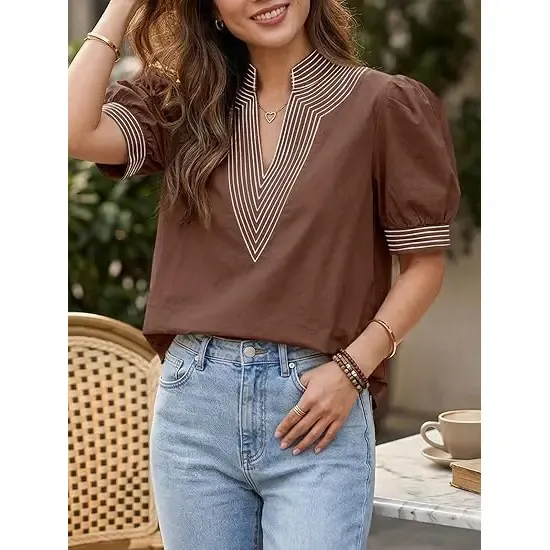 Womens Puff Short Sleeve Blouses Summer Casual Dressy Contrast Stitch