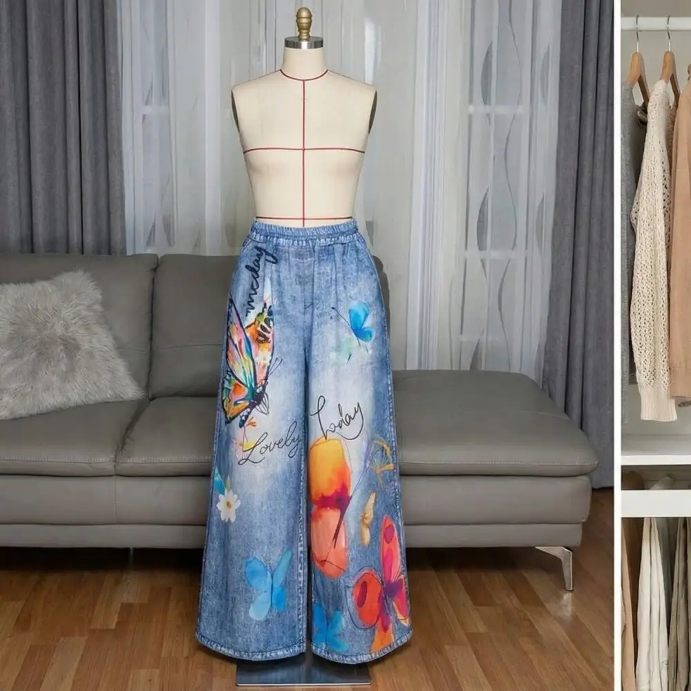 Knit Denim Statement Pants Butterfly Print Wide Leg S 2xl