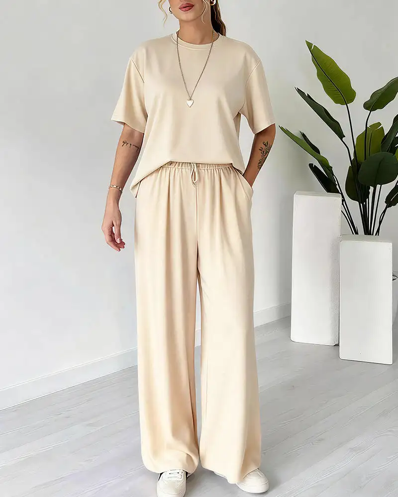 Casual Two-Piece Lounge Set Short Sleeve Top and Wide Leg Pants