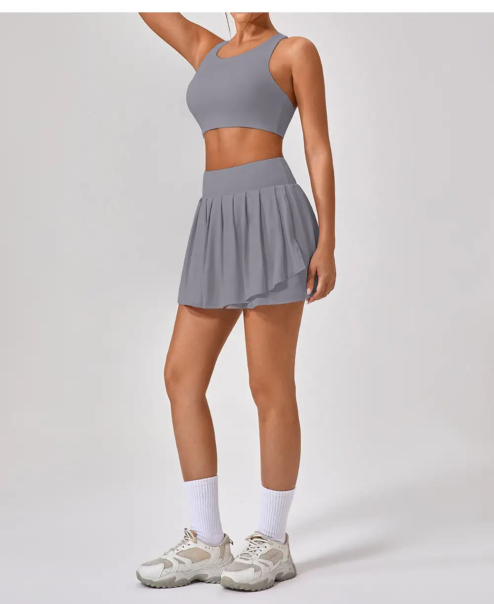 Backless Sleeveless Jacket, Bra and Skort Active Set