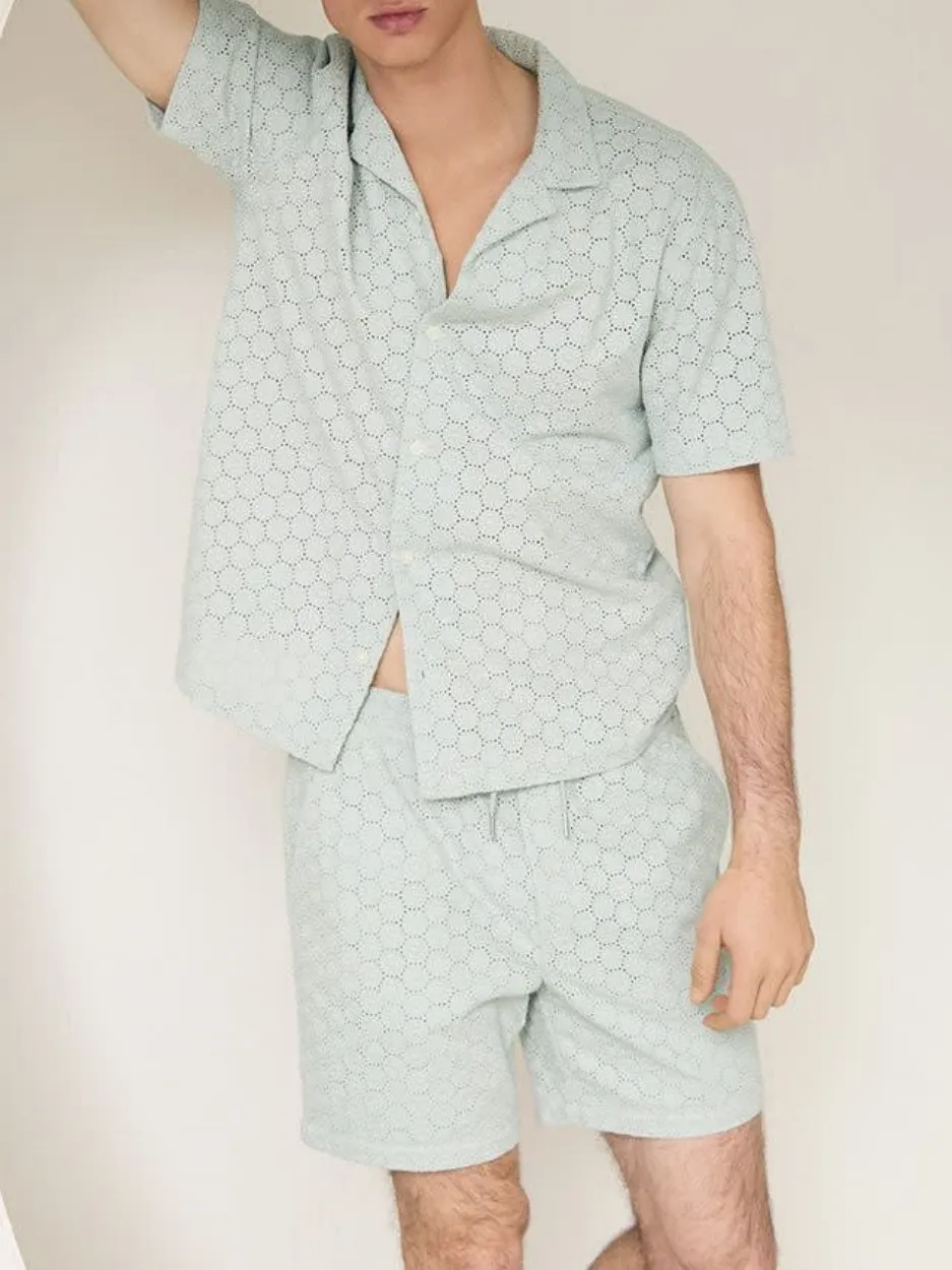 Simple Aqua Short-Sleeve Shirt with Embroidered Details