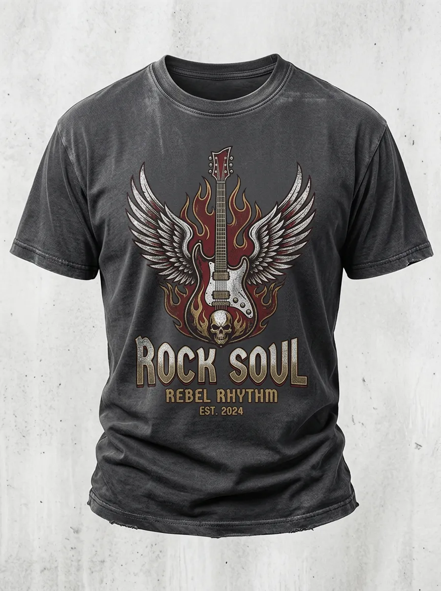 Men's Rock Music Lover Winged Guitar Skull Printed T-shirt