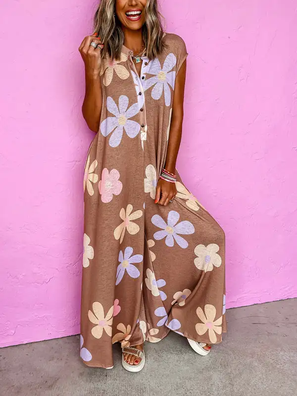 Floral Tie Button Round Neck Wide Jumpsuit