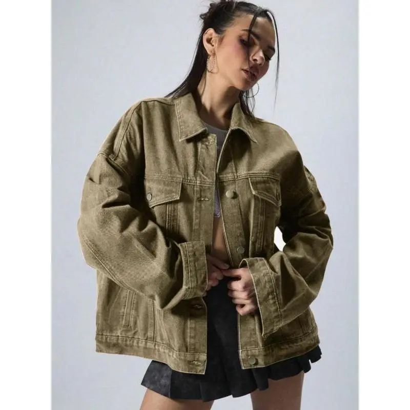 Women's Plain Button Front Drop Shoulder Denim Coat
