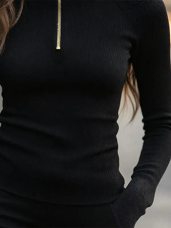 Zip Detail High Neck Long Sleeve Slim Fit Pullover Sweater