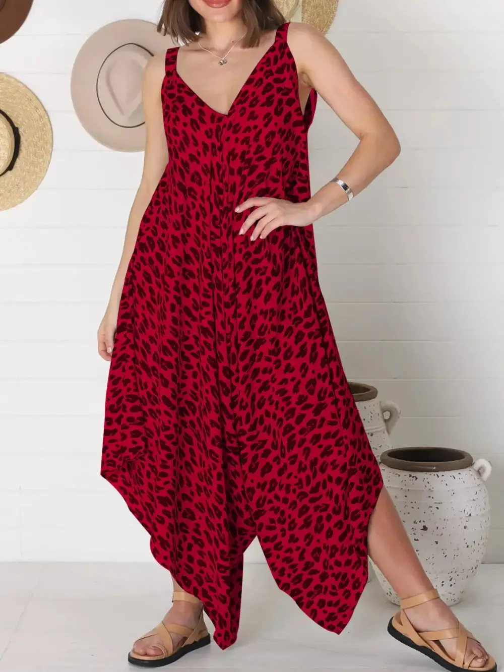 Plus Size Leopard Print V Neck Jumpsuit