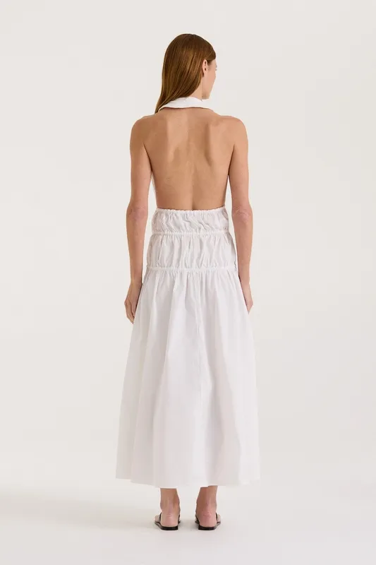 White Shirred Halter Open-Back Dress