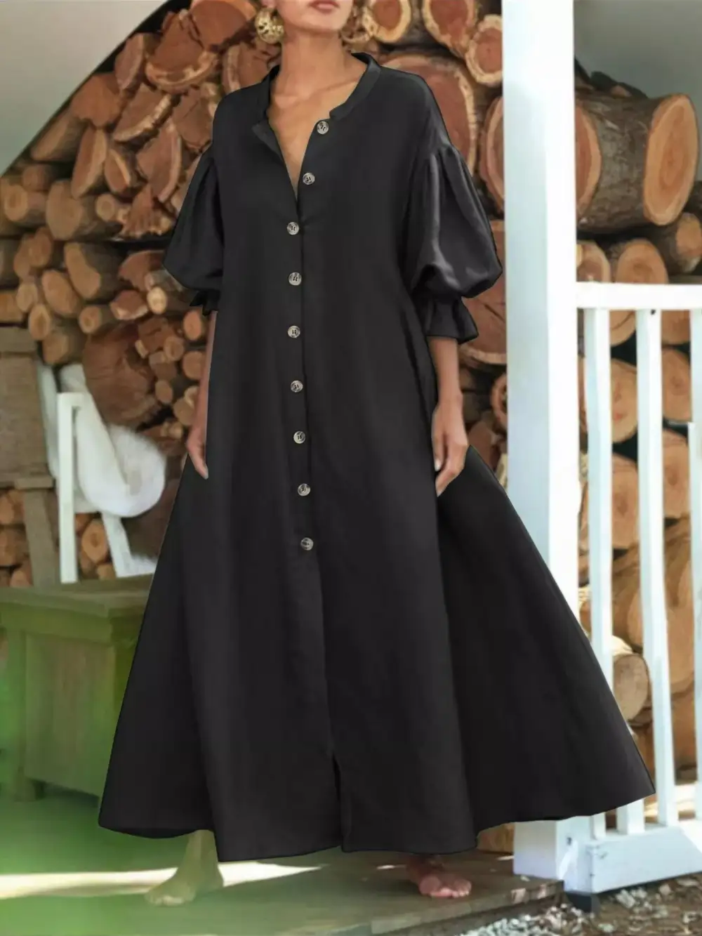 Button Front Puff Sleeve Shirt Dress