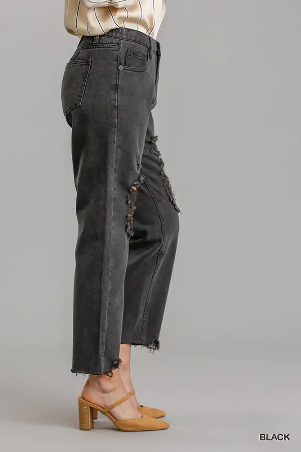 Multi Pocket Non Stretch Straight Cut Distressed Denim Jeans With Raw Hem