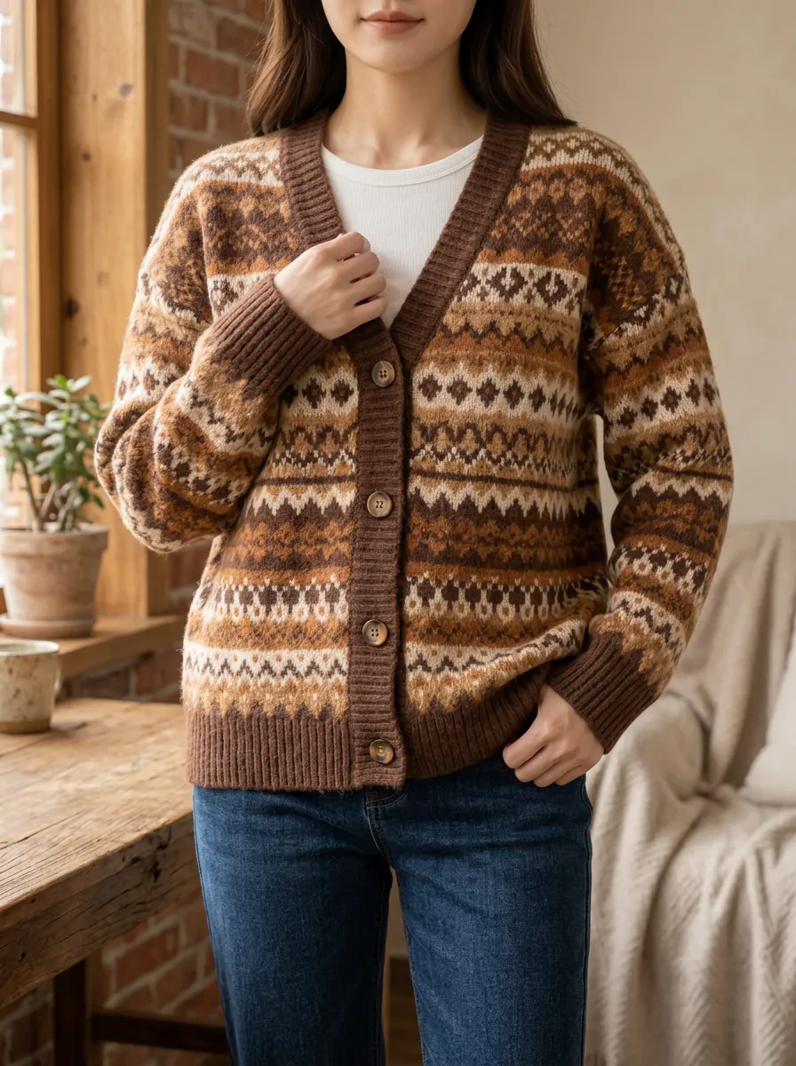 Women's Vintage Style Brown Fair Isle Pattern Printed Cardigan