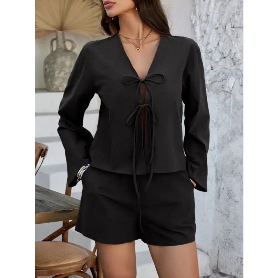 Double Tied V Neck Top and Shorts Set
