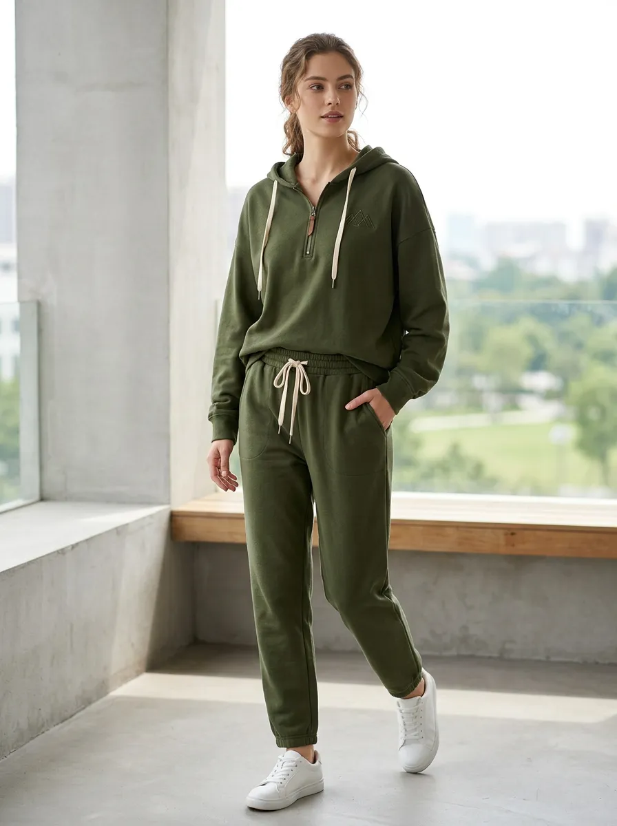 Women's Mountain Lover Olive Green Embroidered Quarter Zip Hoodie Jogger Set