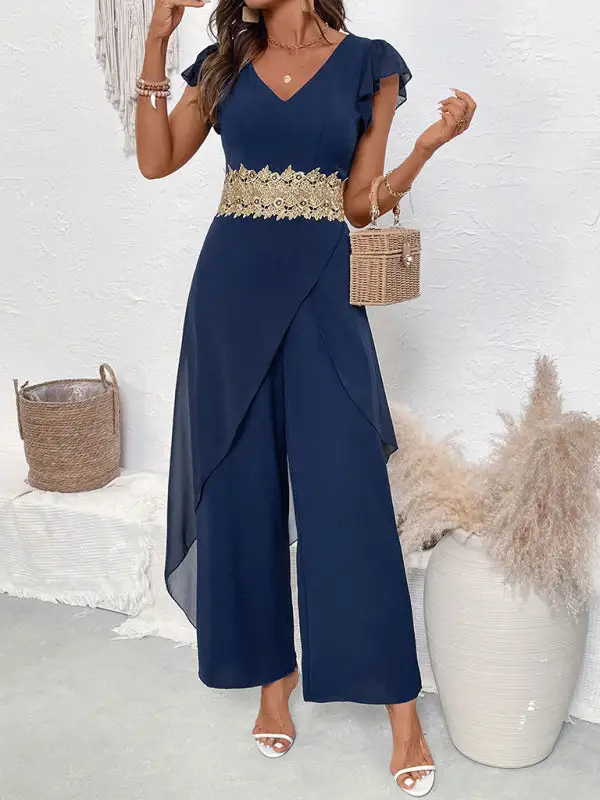 Casual Simple Elegant Lace Splicing V Jumpsuit