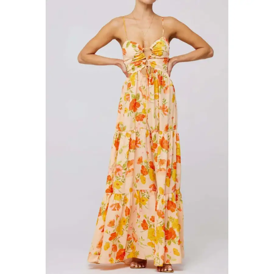 Floral Print Tie Front Tiered Maxi Dress