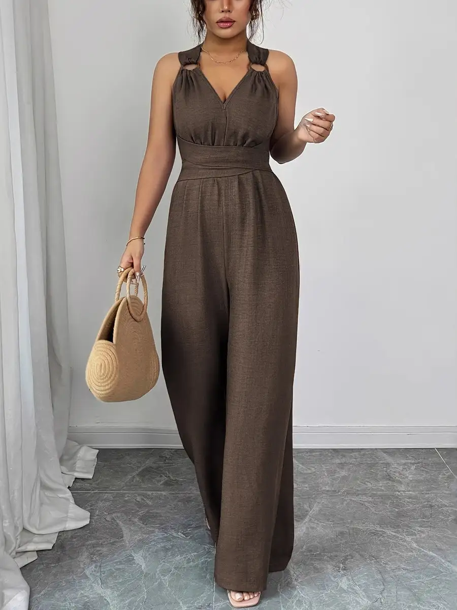 Hoog Getailleerde Mouwloze Rugloze Effen Kleur Gebonden Jumpsuits