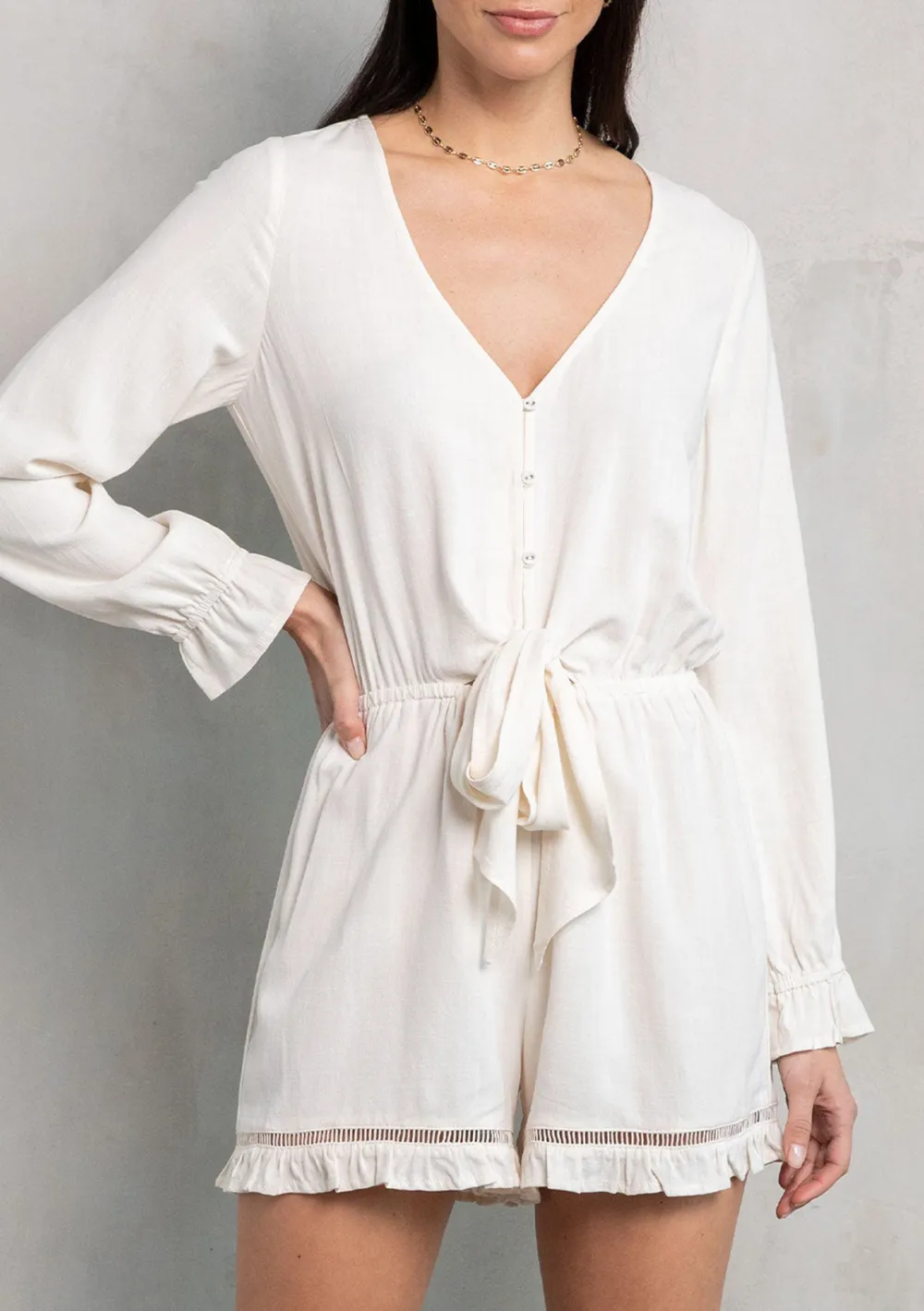 Tied V-Neck Ruffle Sleeve Romper