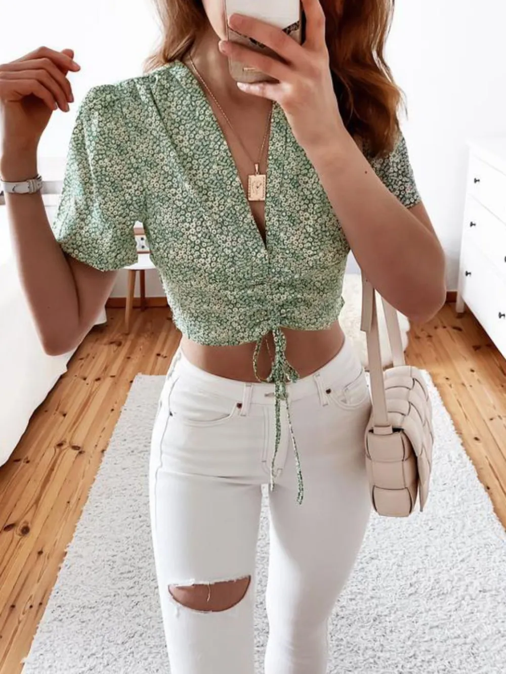 Soft Drawstring Floral Blouse