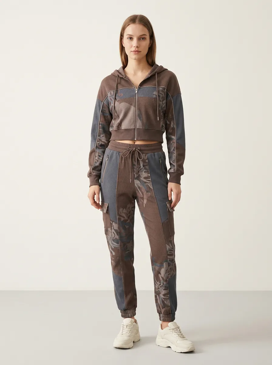 Women's Casual Sporty Camo Printed Zip-up Hoodie Cargo Jogger Set