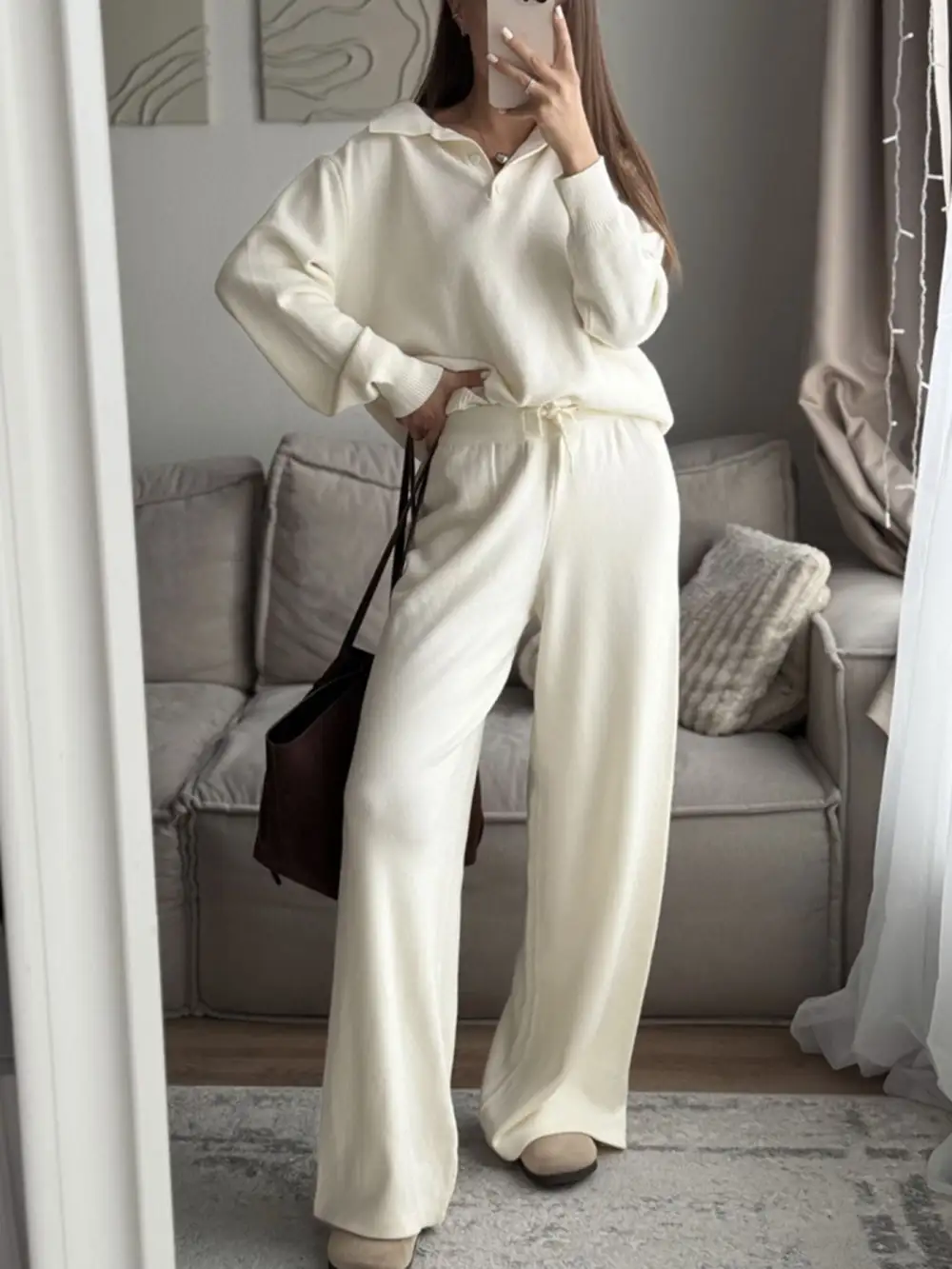 Polo Collar Top and Pants Or Skirt Knit Set