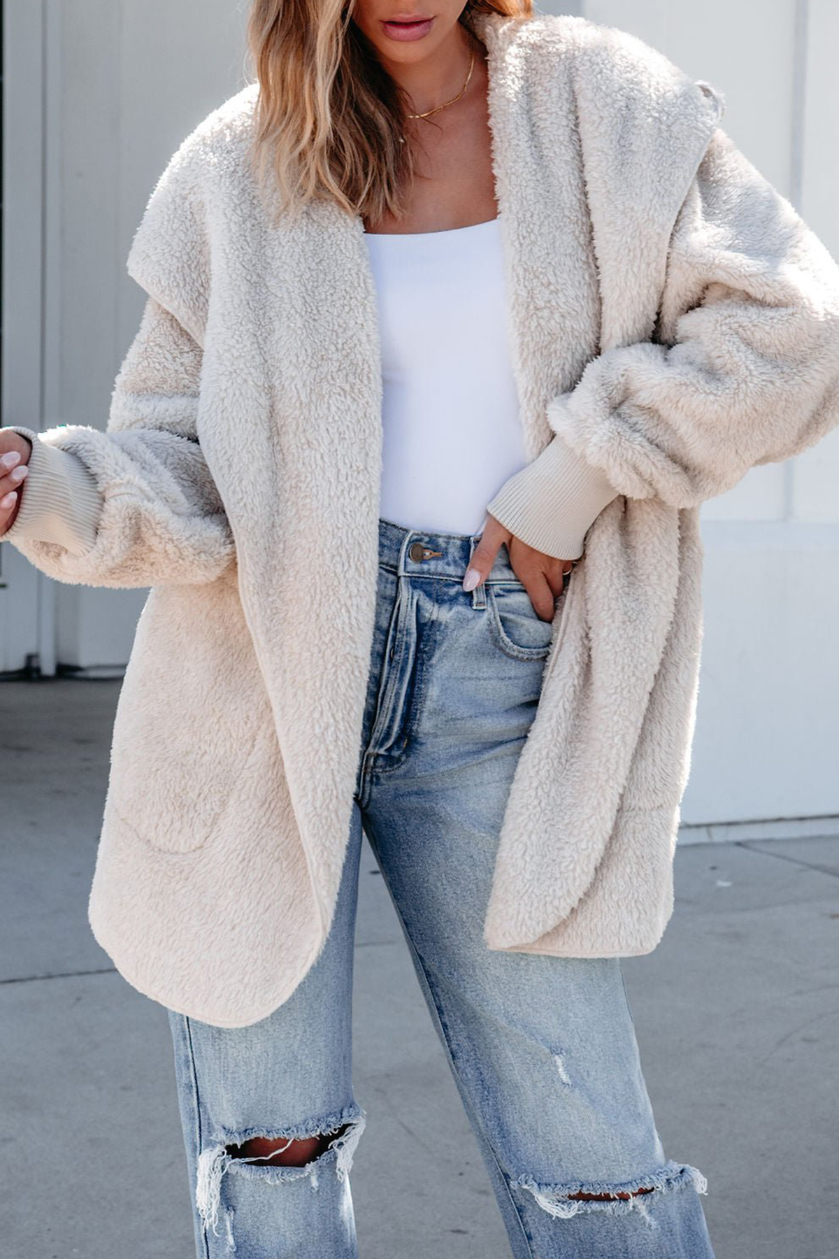 Teddy Fleece Hooded Cardigan - Cream