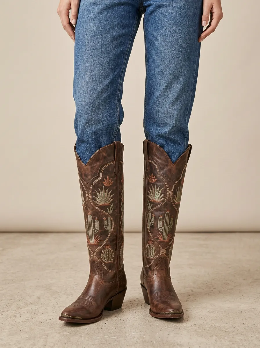 Women's Cactus Floral Wing Embroidered Pointed-Toe Block-Heel Western Denim Over-the-Knee Boots