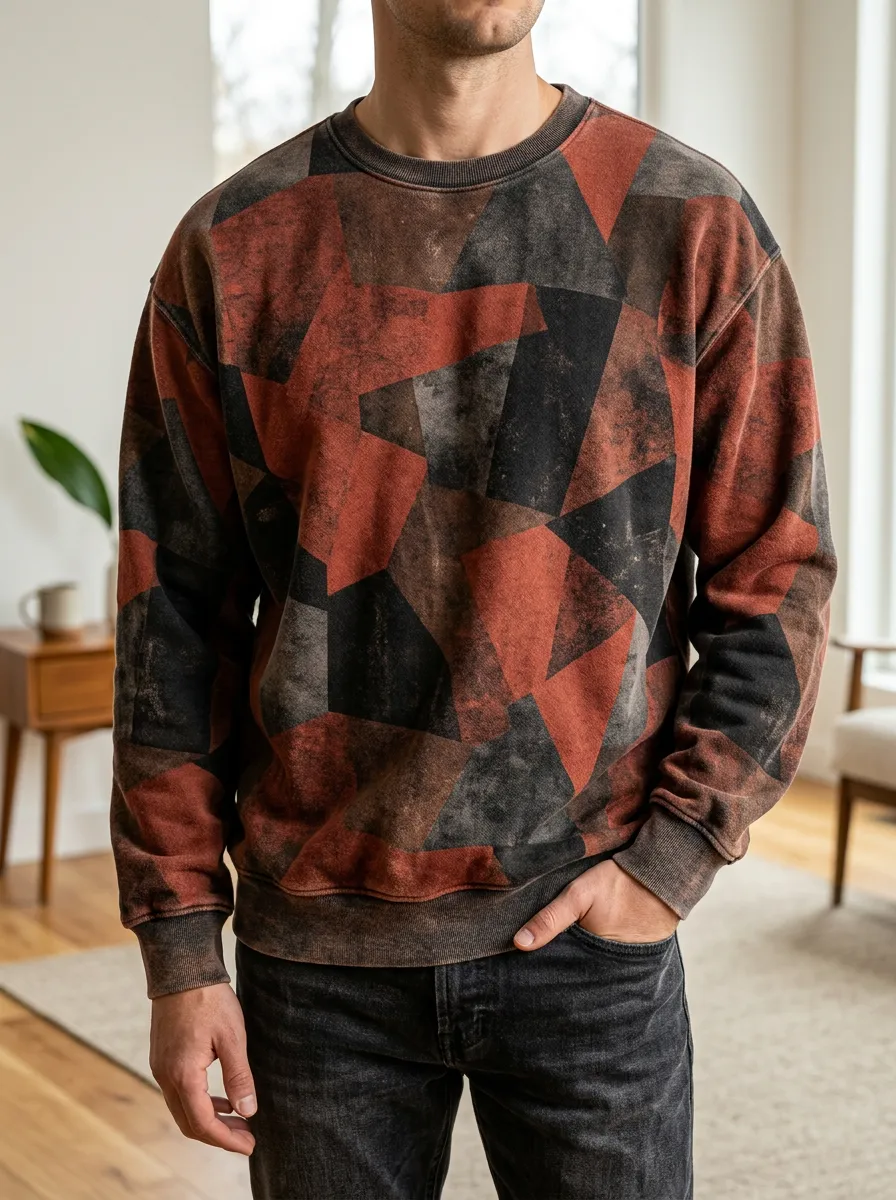 Men's Rust and Geometric Print Crewneck Sweatshirt Hiking