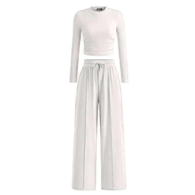 Women's 2-Piece Ribbed Knit Long Sleeve Crop Top Wide Leg Pants Matching Lounge Set Loungewear
