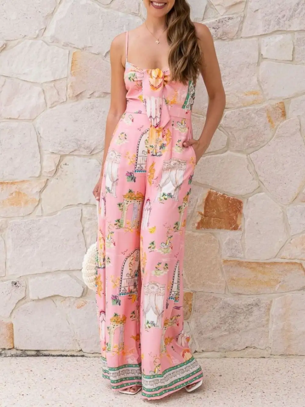 Printed Tie Front Wide Leg Jumpsuit