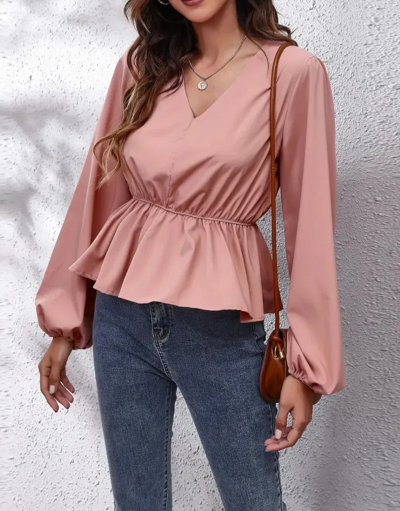 V-Neck Balloon Sleeve Peplum Blouse