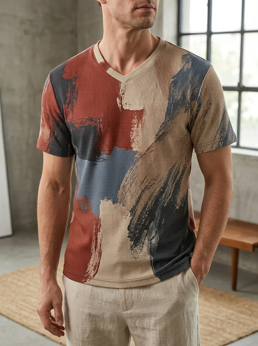 Men's Abstract Brushstroke Waffle Knit Dynamic V-Neck T-Shirt