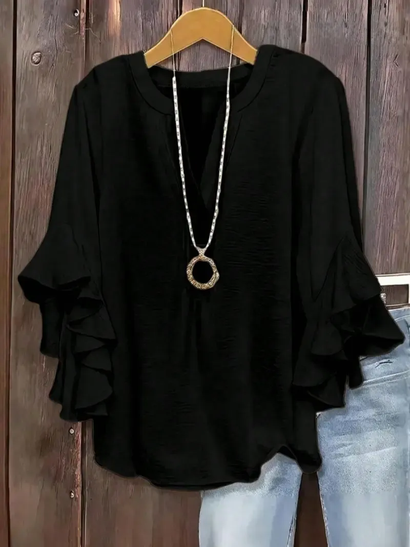 Plus-Size Women's Slim-Fit Shirt With Ruffled Sleeves And V-Neck