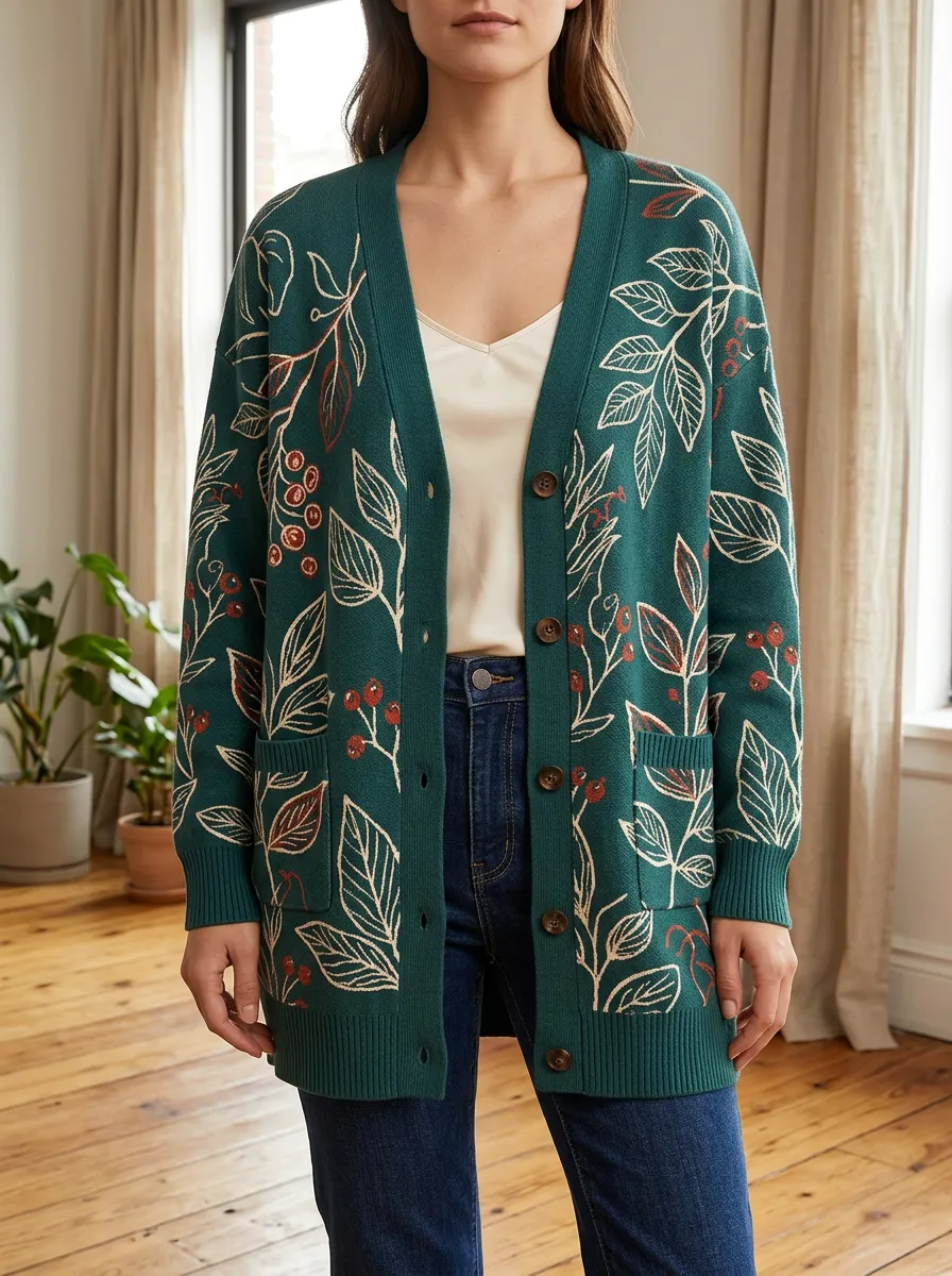 Women's Botanical Nature Lover Berry Leaf Printed Patch Pocket Casual Layering Cardigan