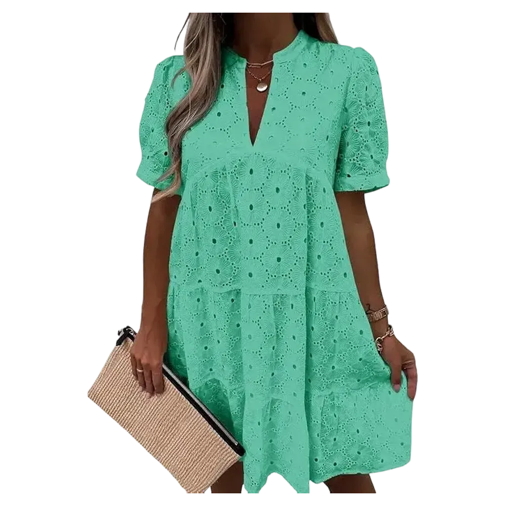 Flowy Lace Dresses Short Sleeve V Neck Tunic Dress
