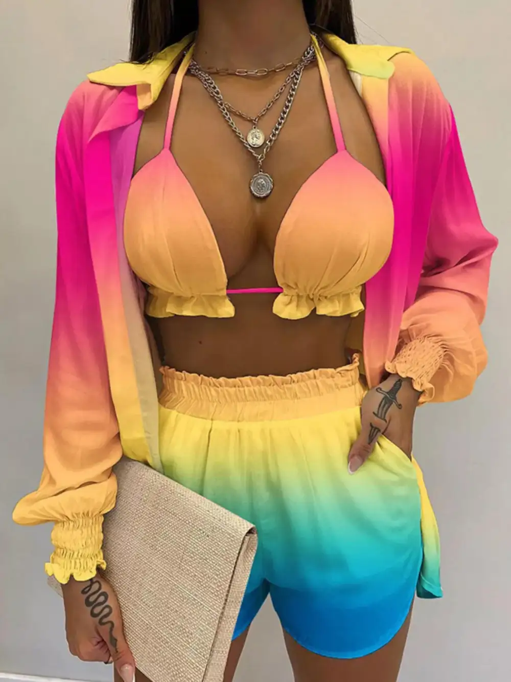 Halter Neck Cami & Shirt & Shorts Piece Outfit Set