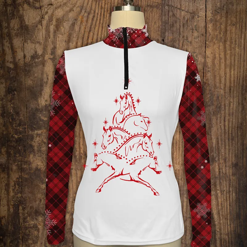 Christmas Tree  Women's Riding Style Horse Print Long Sleeve Casual Shirt