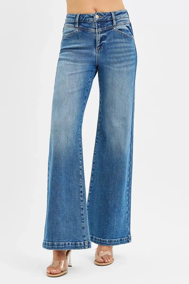 High Rise Heart Pocket Yoke Detail Wide Leg Jeans