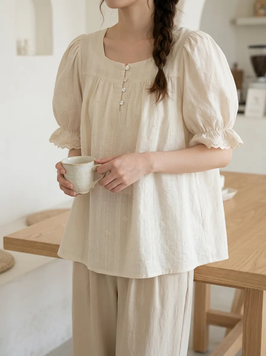 Embroidered Square-Neck Button-Front Floral Women's Puff-Sleeve Blouse