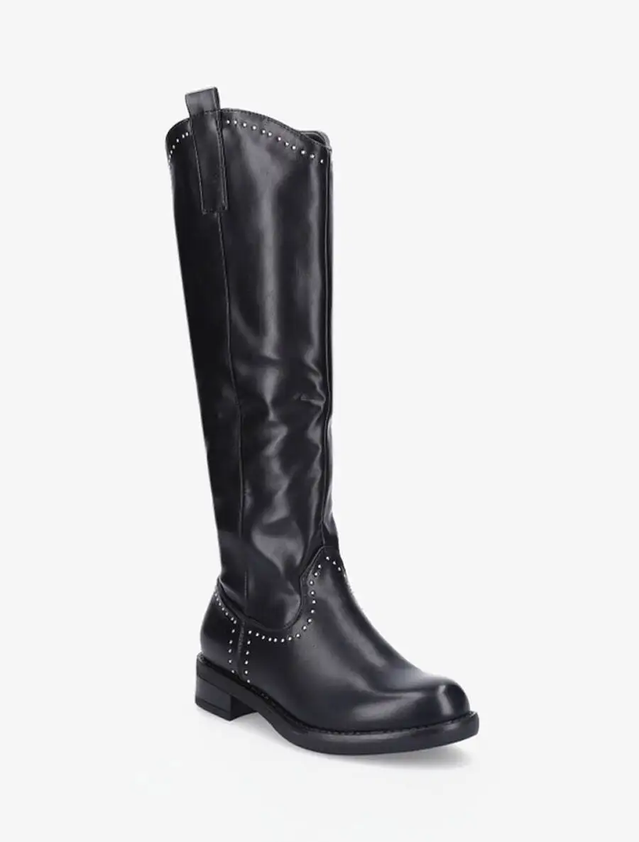Polished Block Heel Faux Leather Flat Sole Knee High Boots