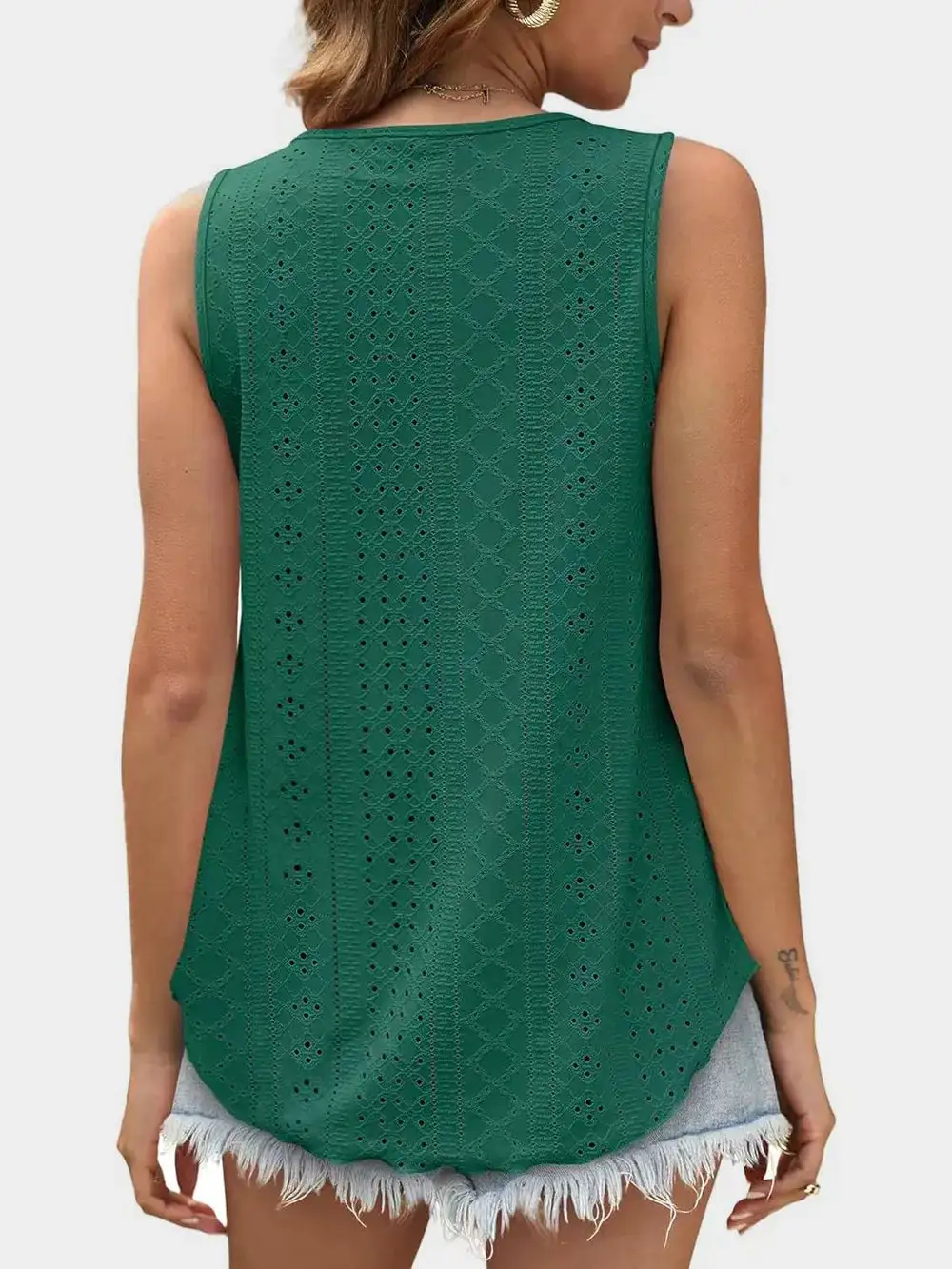Eyelet Round Neck Tank With Sheer Detail