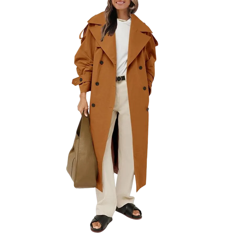 Womens Oversized Long Trench Coat Double Breasted Lapel Windproof Overcoat with Belt