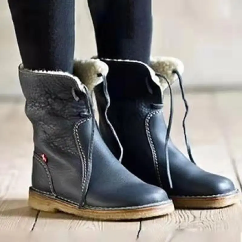2021 new round toe snow boots plus velvet lace flat casual shoes ankle boots