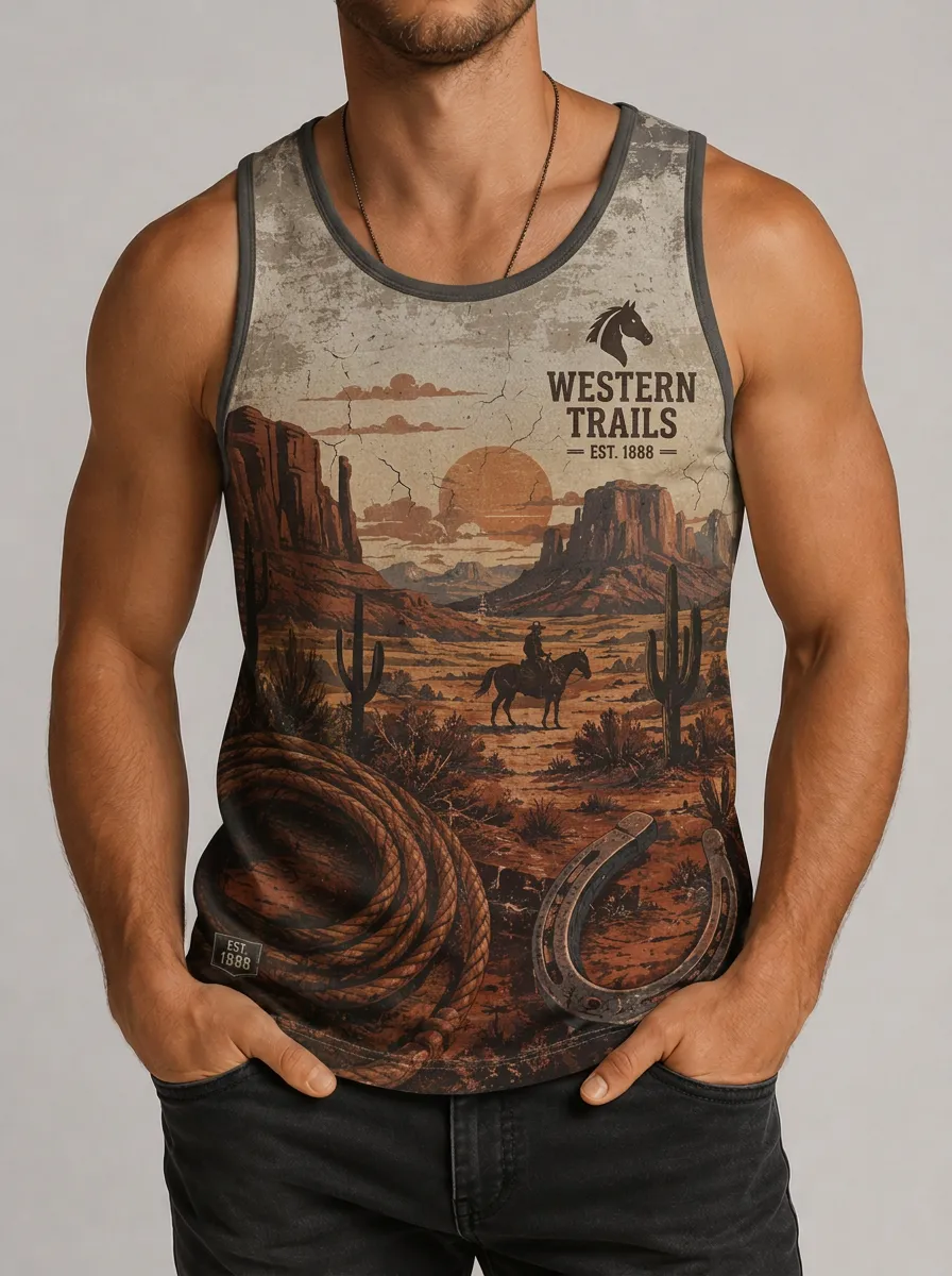 Men's Contrast Trim Western Trails Graphic Tank Top