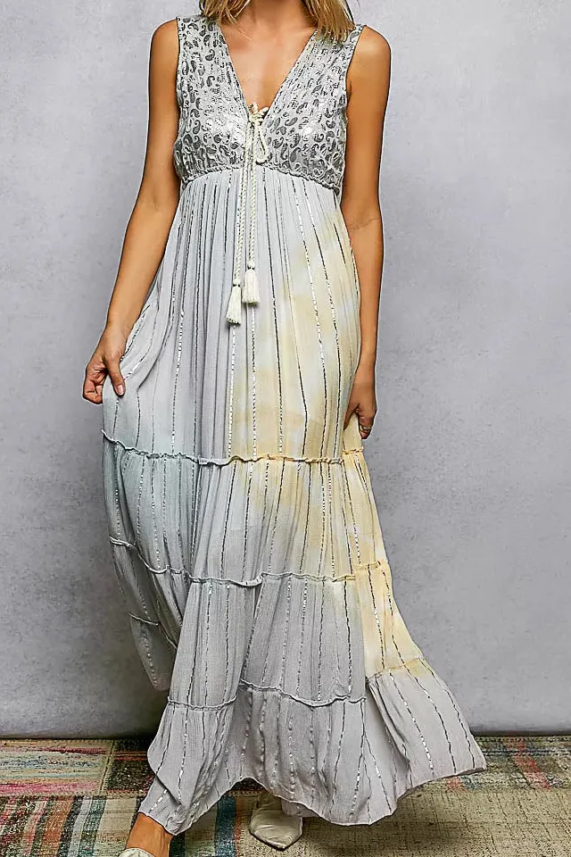 Deep V Sleeveless Cotton Bohemian Tiered Maxi Dress