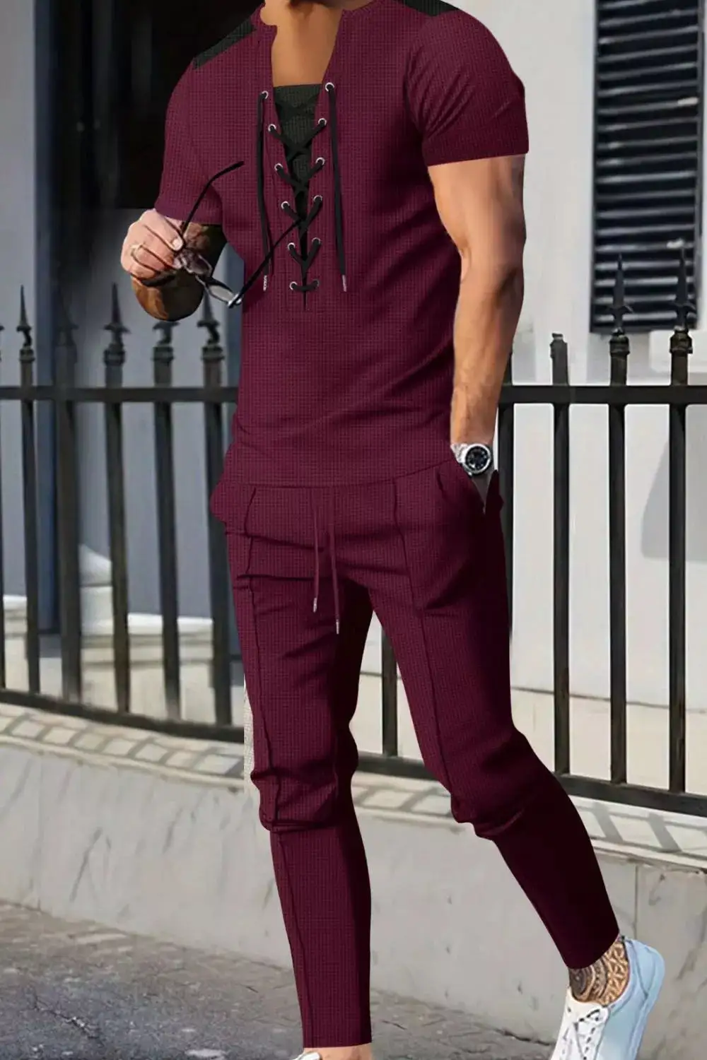 Men's Full Size Lace Up Front Top and Pants Set