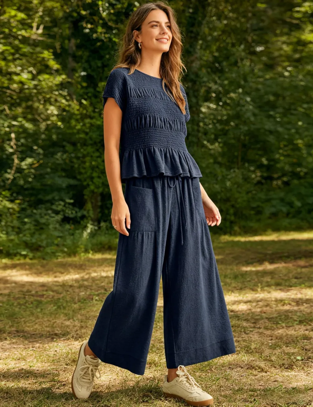 Women's 2-Piece Smocked Top and Wide-Leg Pants Set