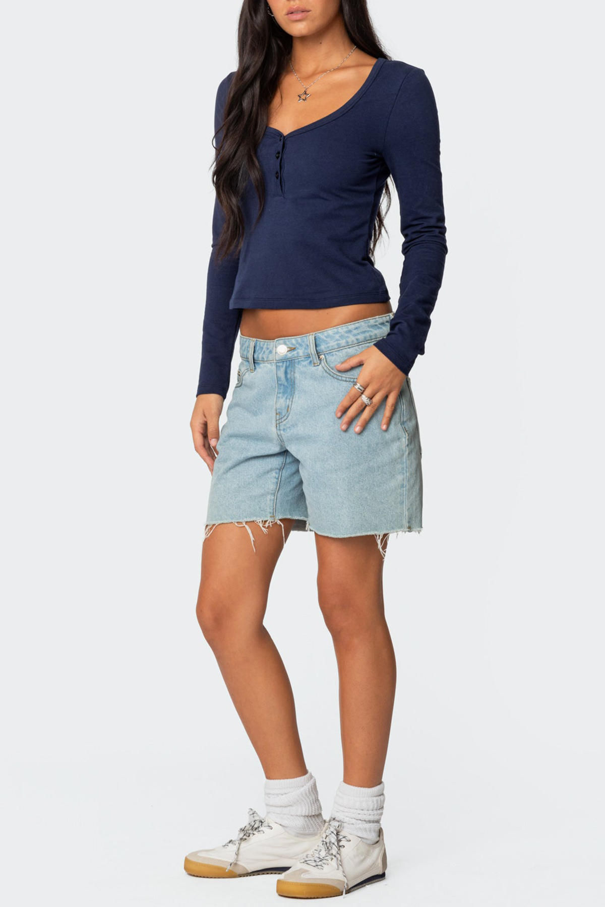 Low Rise Raw Edge Denim Shorts