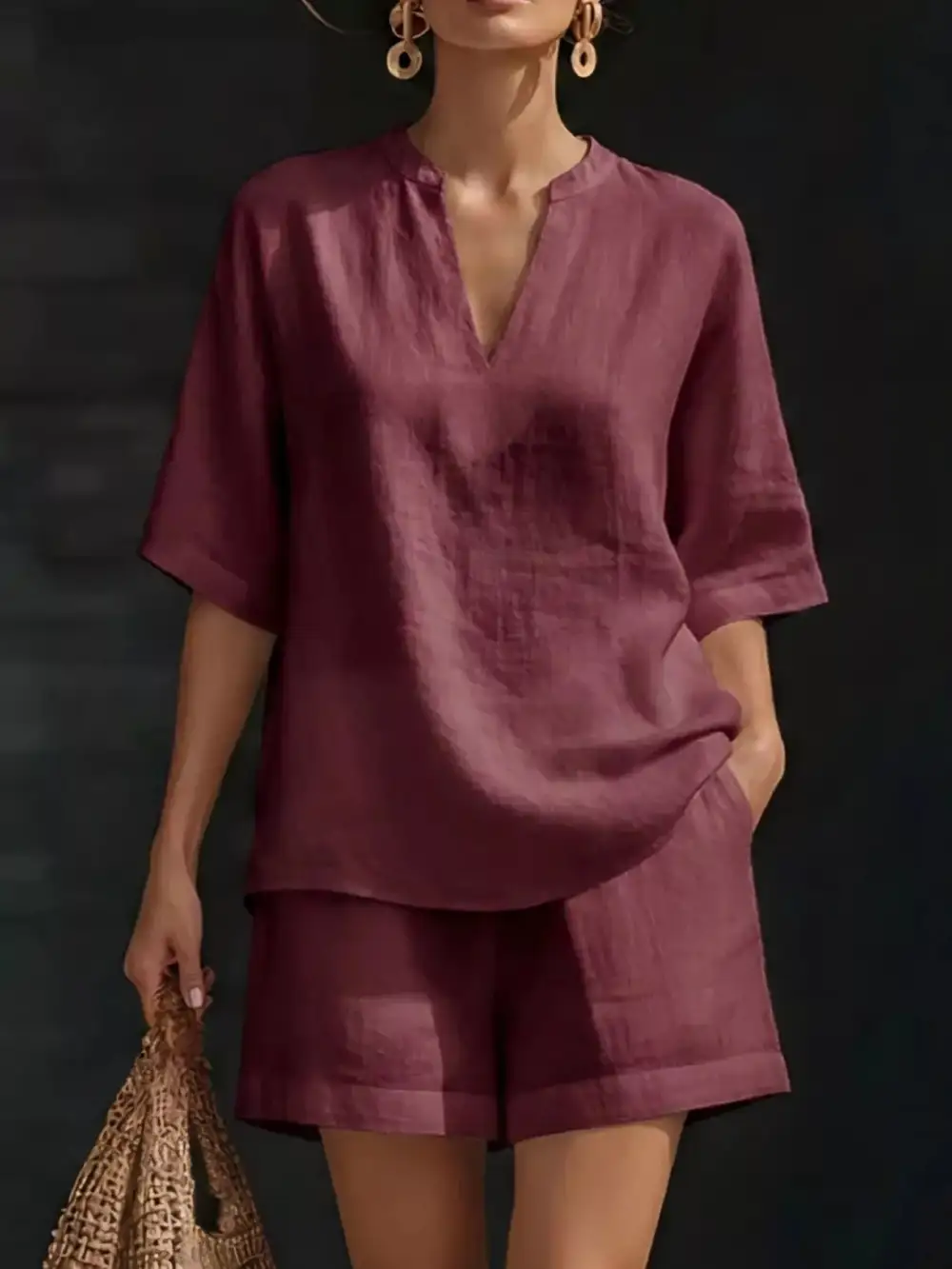 Notched Half Sleeve Top and Shorts Set